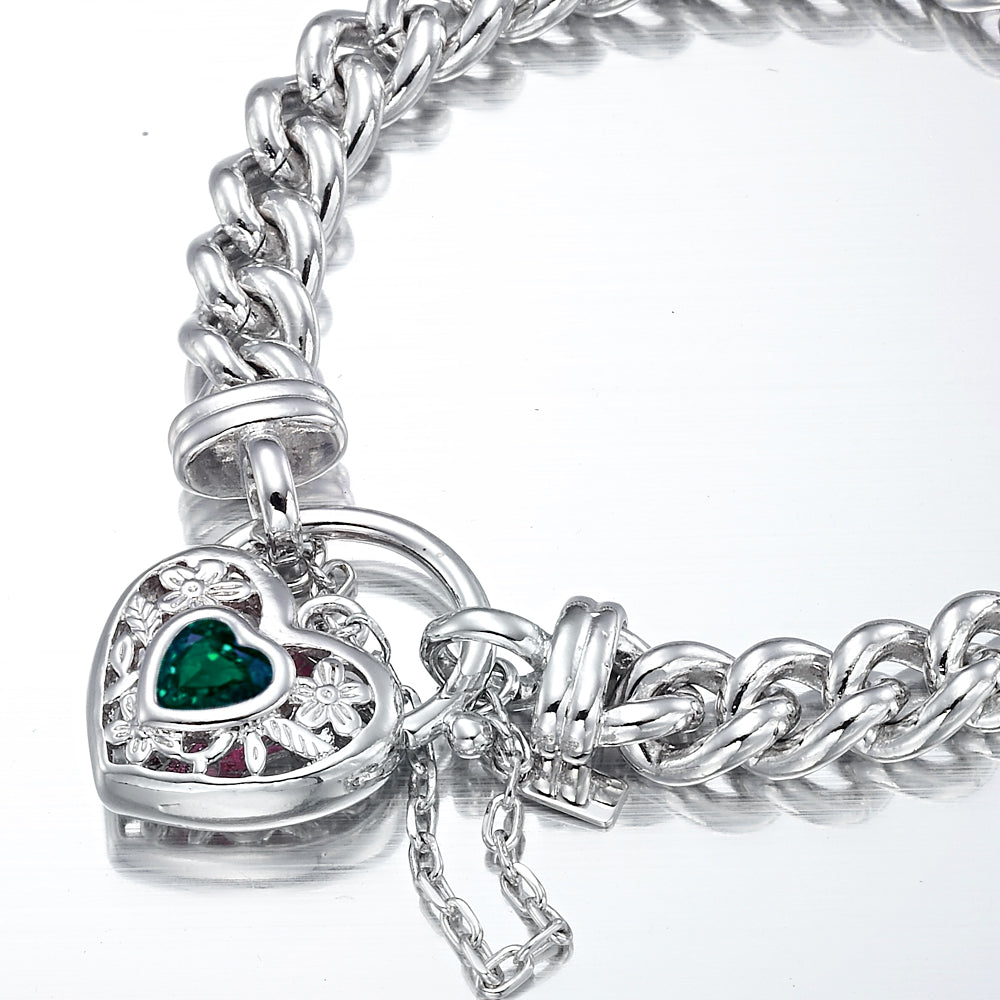925 Sterling Silver Plated Euro Chain Bracelet with a Green Filigree Locket - USA Made-2